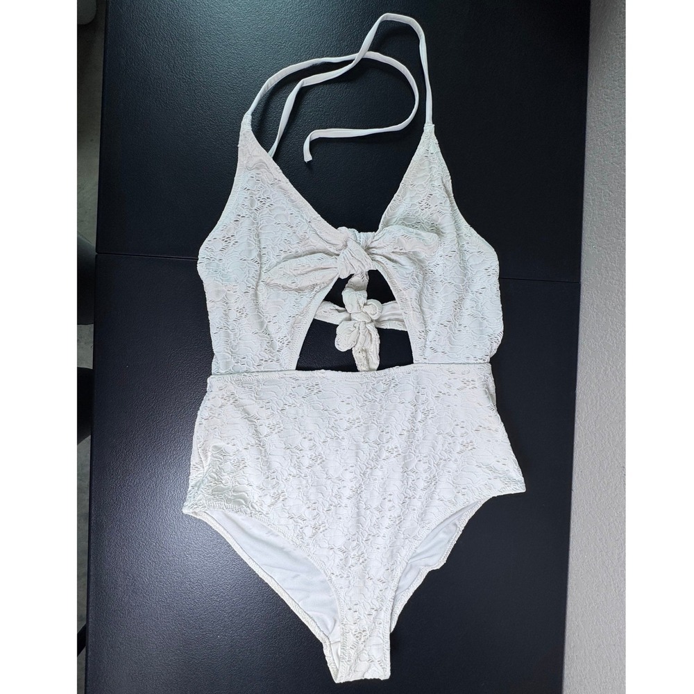 H&M White Lace Cutout 1 Piece Swimsuit Halter Tie Front Monokini US 14 06351508